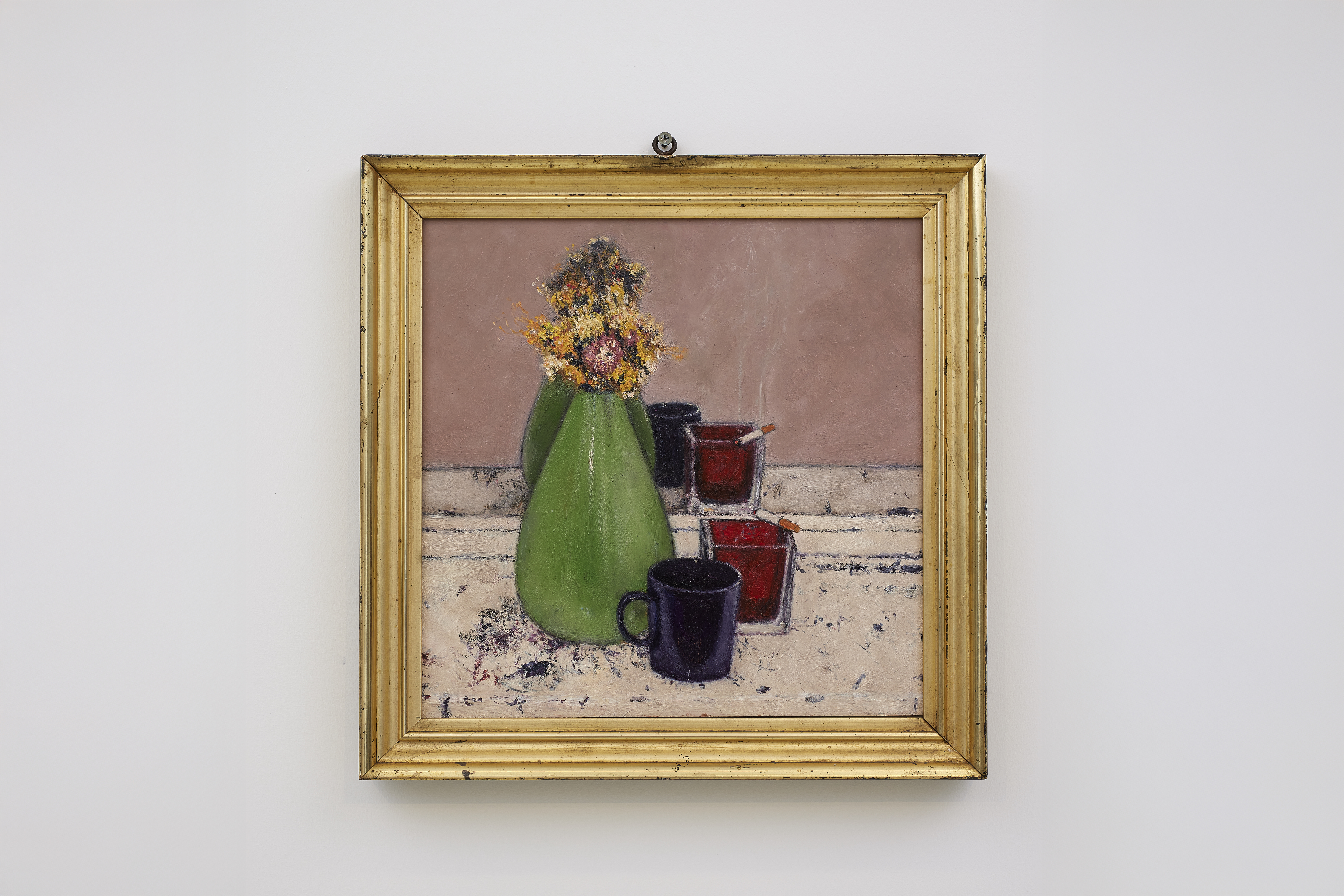 Max Jahn, <i>Still life with smoking cigarette</i>, 2025. Oil on copper in artist's frame, 14 1/8 x 15 x 1 in (36 x 38 x 2.5 cm)